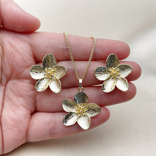 Oro Laminado Earring and Pendant Adult Set, Gold Filled Style Flower Design, Diamond Cutting