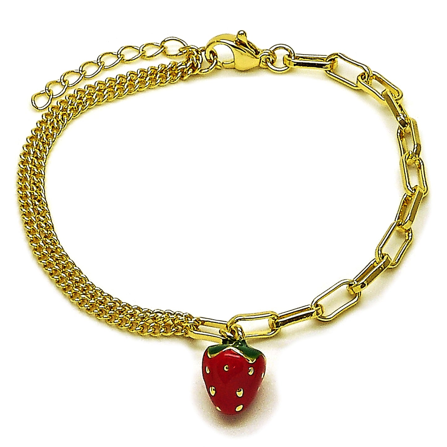 Gold Plated Gold Filled Oro Laminado Oro Laminado Charm Bracelet, Gold Filled Style Strawberry and Paperclip Design, Red Enamel