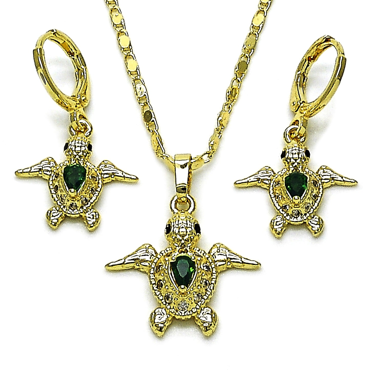 Gold Plated Gold Filled Oro Laminado Oro Laminado Earring and Pendant Adult Set, Gold Filled Style Turtle and Teardrop Design, with Green and White Cubic Zirconia, Polished, Golden