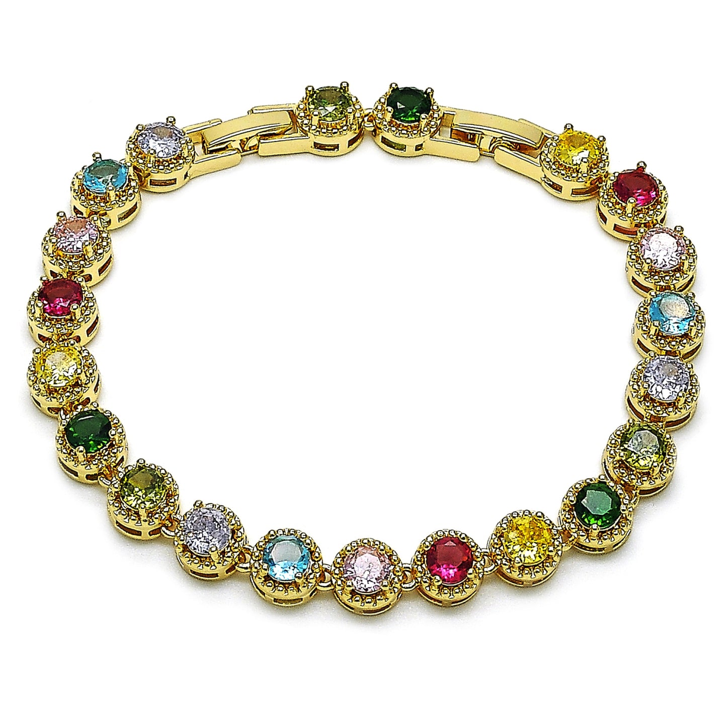 Gold Plated Gold Filled Oro Laminado Oro Laminado Fancy Bracelet, Gold Filled Style Cluster Design, with Multicolor Cubic Zirconia, Polished, Golden