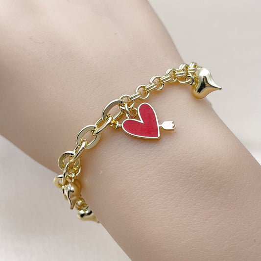 Oro Laminado Charm Bracelet, Gold Filled Style Heart Design, Red Enamel