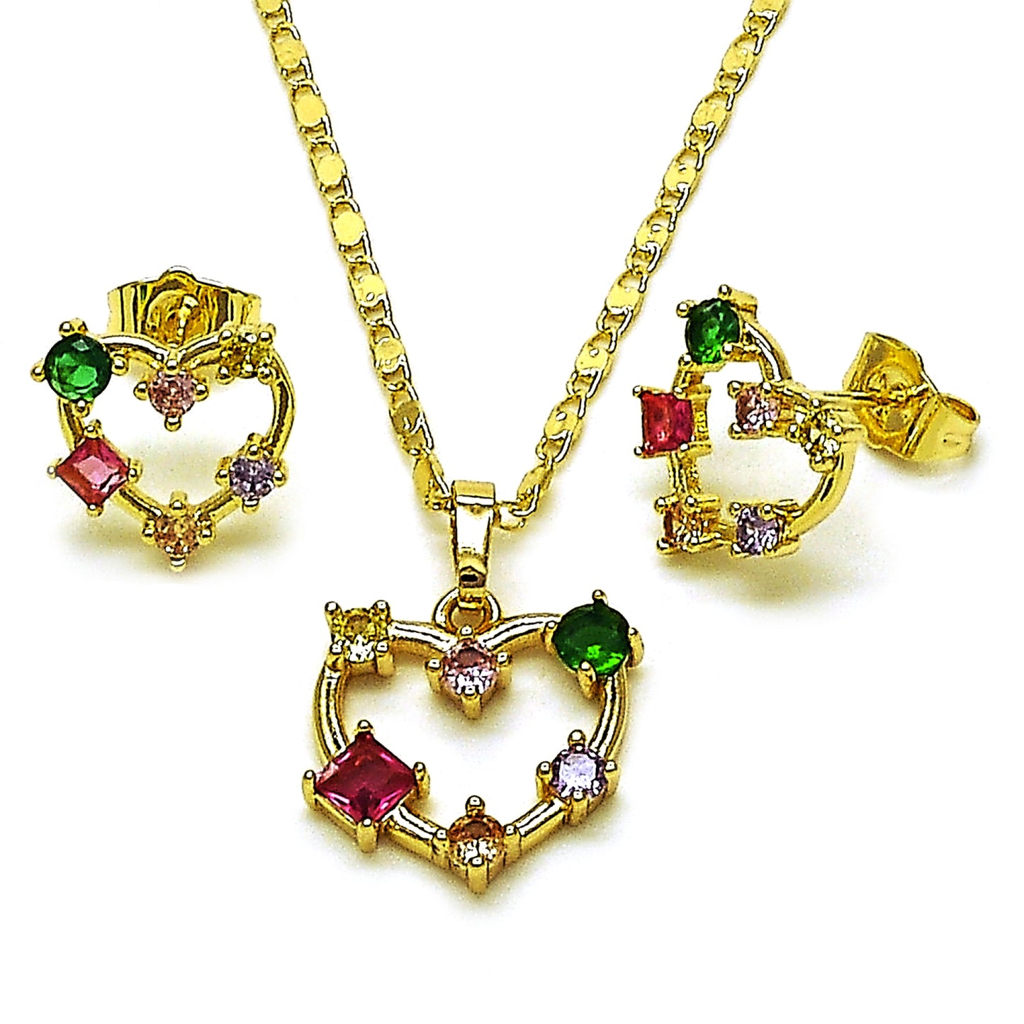Gold Plated Gold Filled Oro Laminado Oro Laminado Earring and Pendant Adult Set, Gold Filled Style Heart Design, with Multicolor Cubic Zirconia, Polished, Golden