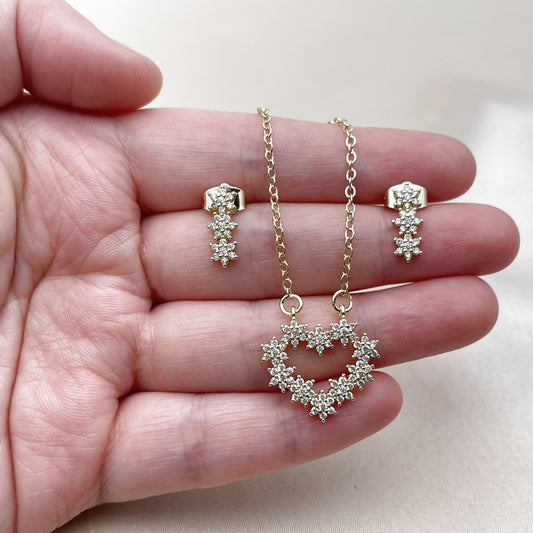 Oro Laminado Earring and Pendant Adult Set, Gold Filled Style Heart and Flower Design, with White Cubic Zirconia, Polished, Golden