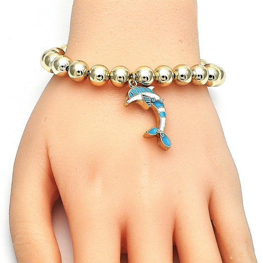 Oro Laminado Adjustable Bolo Bracelet, Gold Filled Style Dolphin and Ball Design, with White Crystal, Turquoise Enamel Finish
