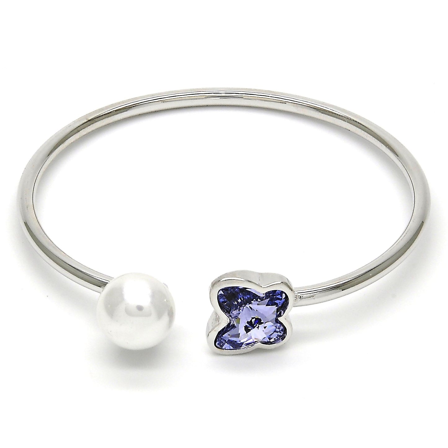 Rhodium Plated Individual Bangle, Butterfly Design, with Provence Lavander Swarovski Crystals and Ivory Pearl, Polished, Rhodium Finish
