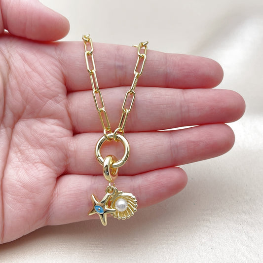 Oro Laminado Fancy Necklace, Gold Filled Style Paperclip and Shell Design, with Ivory Pearl, Polished, Golden Finish