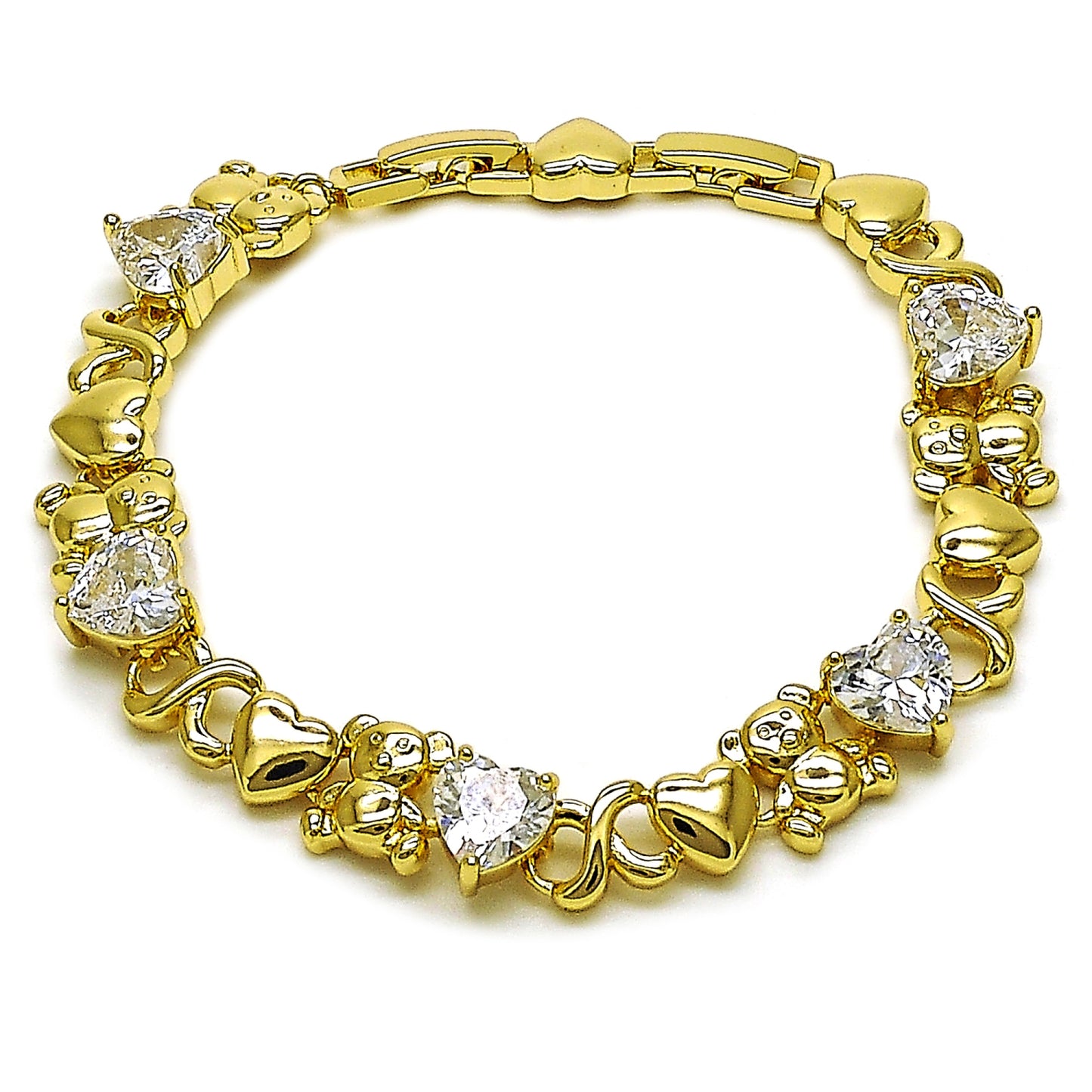 Gold Plated Gold Filled Oro Laminado Oro Laminado Fancy Bracelet, Gold Filled Style Hugs and Kisses and Heart Design, with White Cubic Zirconia, Polished, Golden