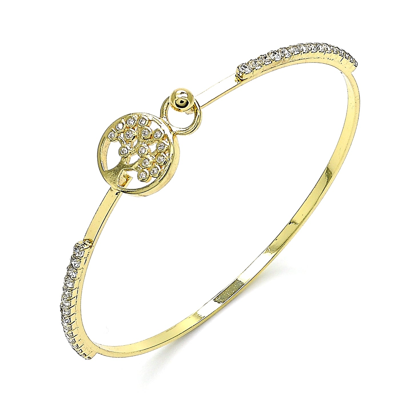 Oro Laminado Individual Bangle, Gold Filled Style Tree Design, with White Micro Pave and White Crystal, Polished, Golden Finish
