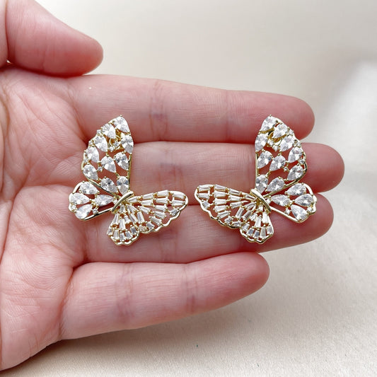 Oro Laminado Stud Earring, Gold Filled Style Butterfly and Teardrop Design, with White Cubic Zirconia, Polished, Golden