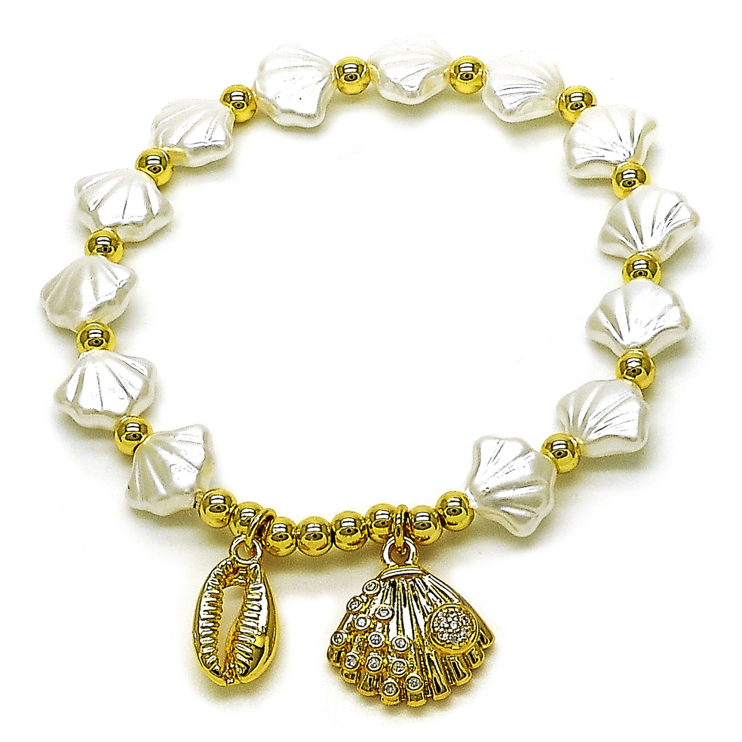 Oro Laminado Fancy Bracelet, Gold Filled Style Shell and Expandable Bead Design, with White Cubic Zirconia and Ivory Pearl, Polished, Golden Finish