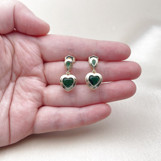 Oro Laminado Dangle Earring, Gold Filled Style Heart and Teardrop Design, with Green Cubic Zirconia, Polished, Golden