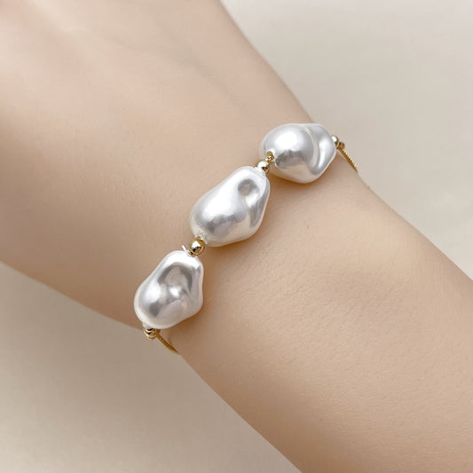 Oro Laminado Fancy Bracelet, Gold Filled Style Rat Tail Design, with Ivory Pearl, Polished, Golden Finish