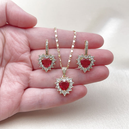 Oro Laminado Earring and Pendant Adult Set, Gold Filled Style Heart and Cluster Design, with Ruby and White Cubic Zirconia, Polished, Golden