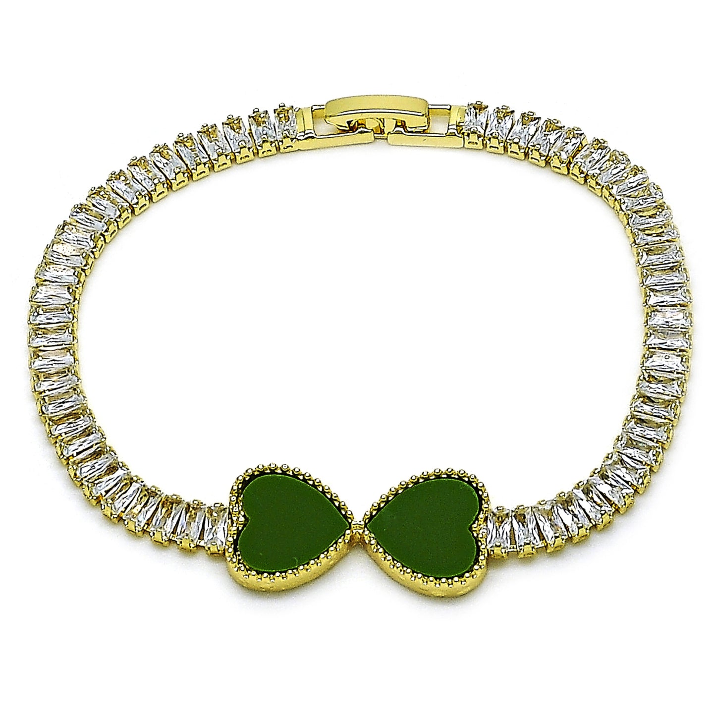 Oro Laminado Fancy Bracelet, Gold Filled Style Heart and Baguette Design, with Light Green Mother of Pearl and White Cubic Zirconia, Polished, Golden Finish