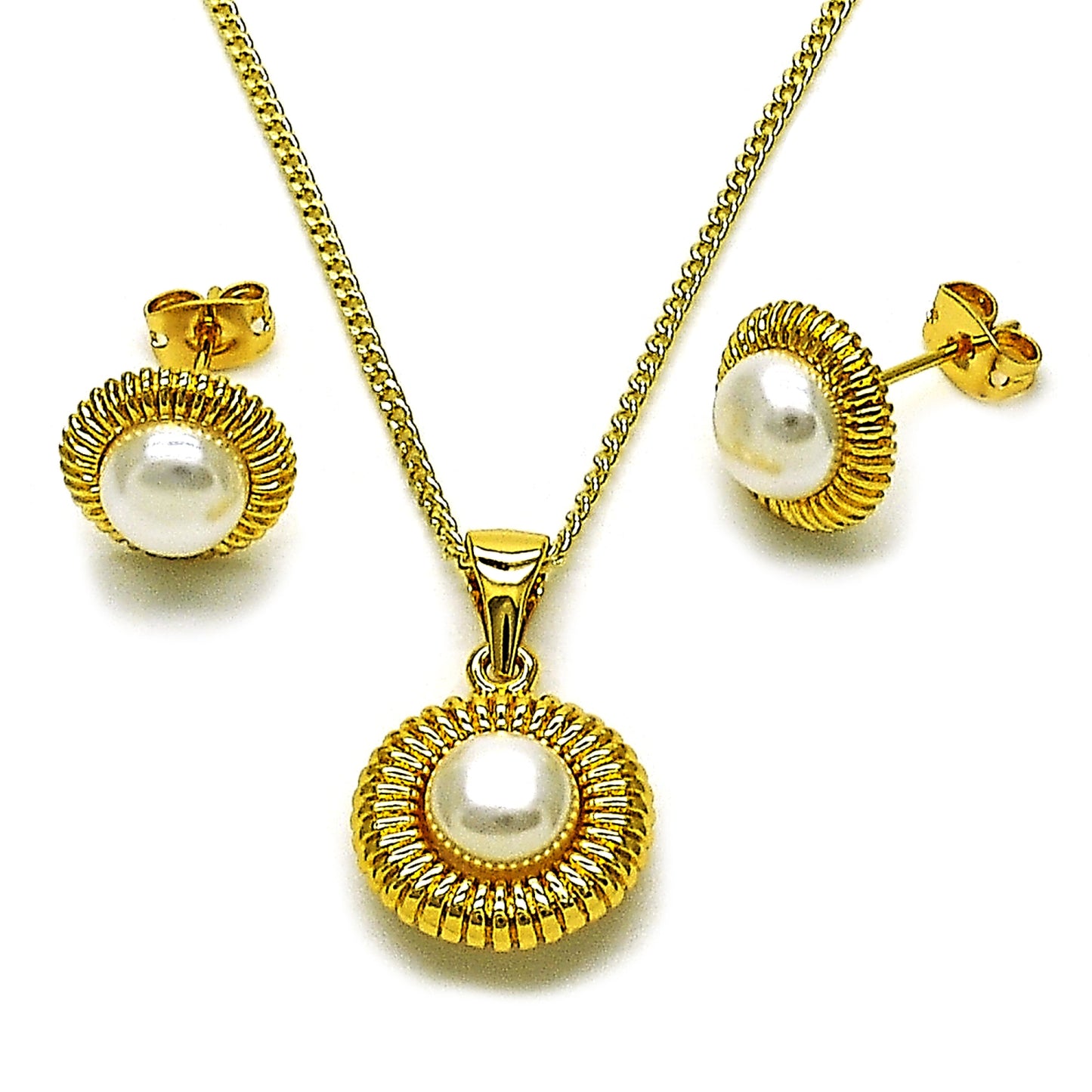 Gold Plated Gold Filled Oro Laminado Oro Laminado Earring and Pendant Adult Set, Gold Filled Style Flower Design, with Ivory Pearl, Polished, Golden