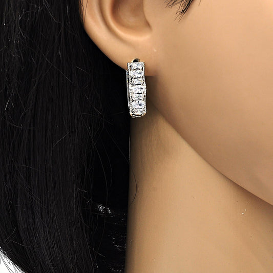 Rhodium Plated Huggie Hoop, with White Cubic Zirconia, Polished, Rhodium Finish