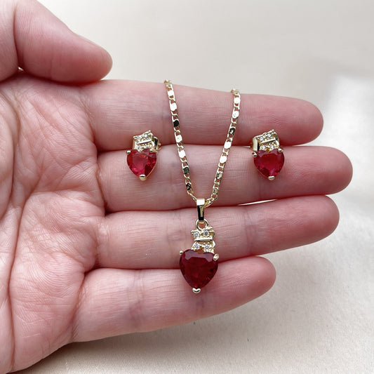 Oro Laminado Earring and Pendant Adult Set, Gold Filled Style Heart and Butterfly Design, with Ruby and White Cubic Zirconia, Polished, Golden