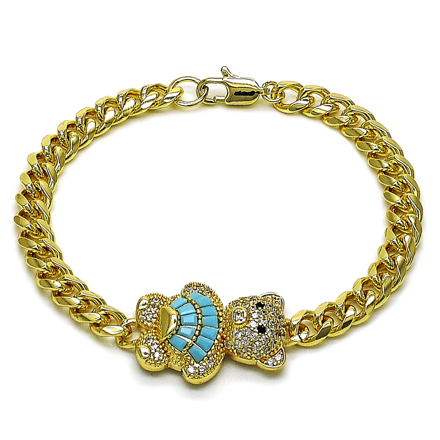 Gold Plated Gold Filled Oro Laminado Oro Laminado Fancy Bracelet, Gold Filled Style Teddy Bear and Miami Cuban Design, with White and Black Micro Pave, Polished, Golden