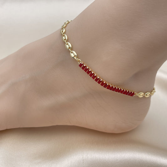 Oro Laminado Fancy Anklet, Gold Filled Style Puff Mariner and Baguette Design, with Garnet Cubic Zirconia, Polished, Golden Finish