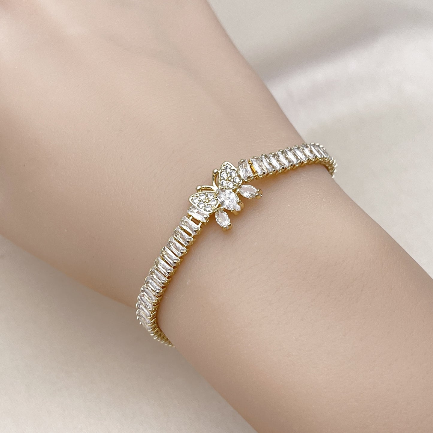 Oro Laminado Fancy Bracelet, Gold Filled Style Butterfly and Baguette Design, with White Cubic Zirconia, Polished, Golden