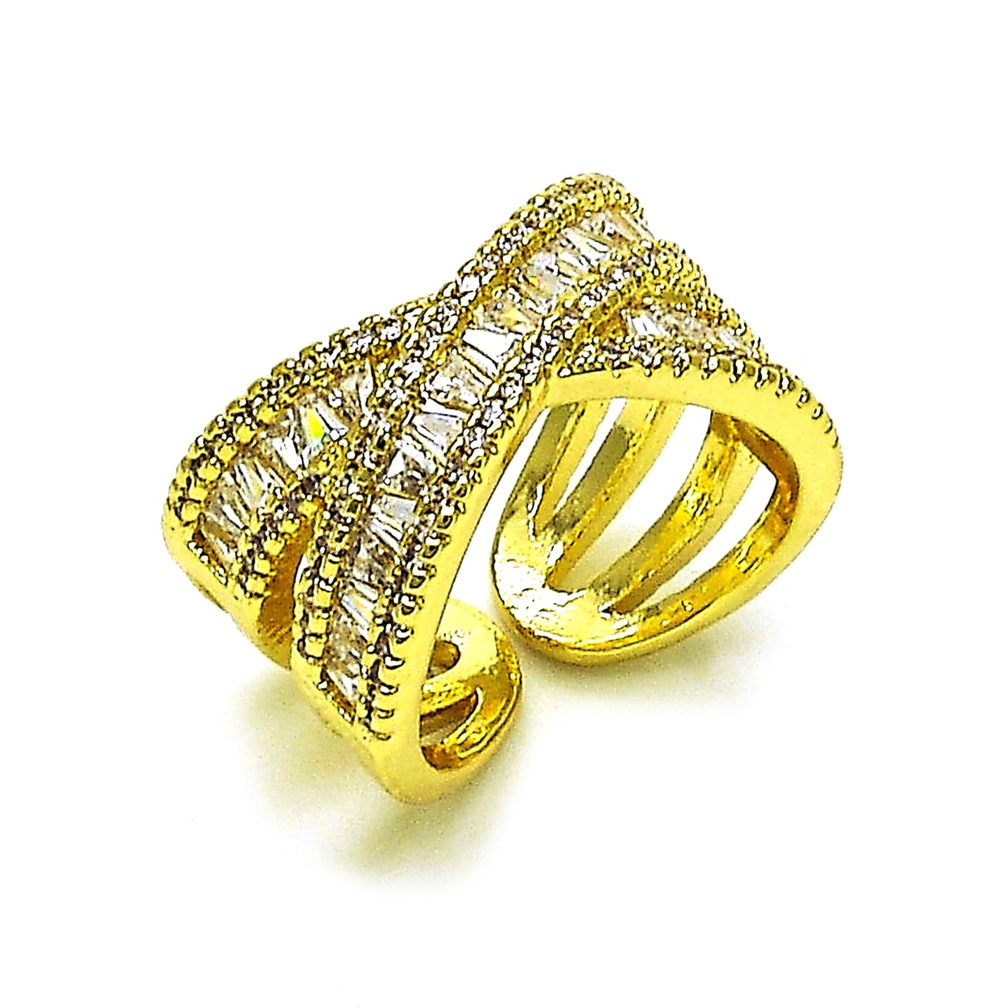 Oro Laminado Multi Stone Ring, Gold Filled Style Baguette Design, with White Cubic Zirconia and White Micro Pave, Polished, Golden Finish