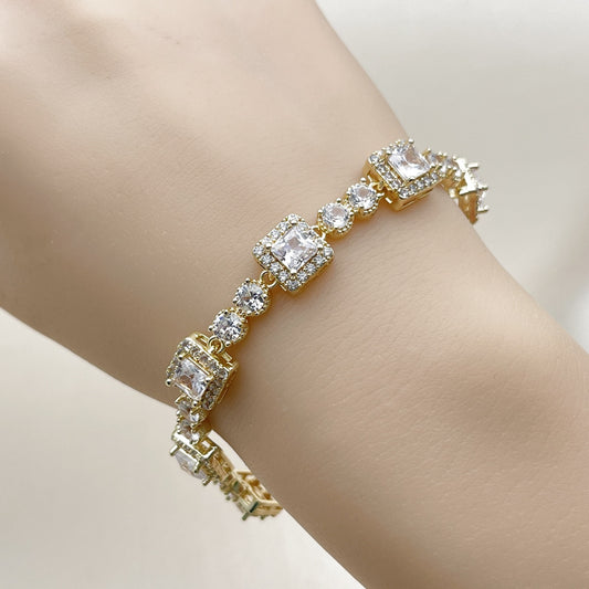 Oro Laminado Tennis Bracelet, Gold Filled Style Cluster Design, with White Cubic Zirconia, Polished, Golden Finish