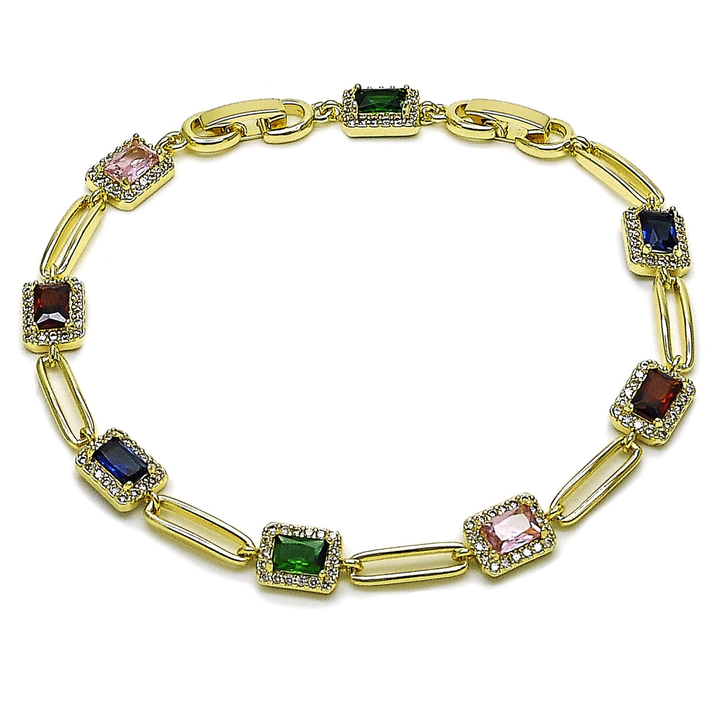 Gold Plated Gold Filled Oro Laminado Oro Laminado Tennis Bracelet, Gold Filled Style Cluster Design, with White and Multicolor Cubic Zirconia, Polished, Golden