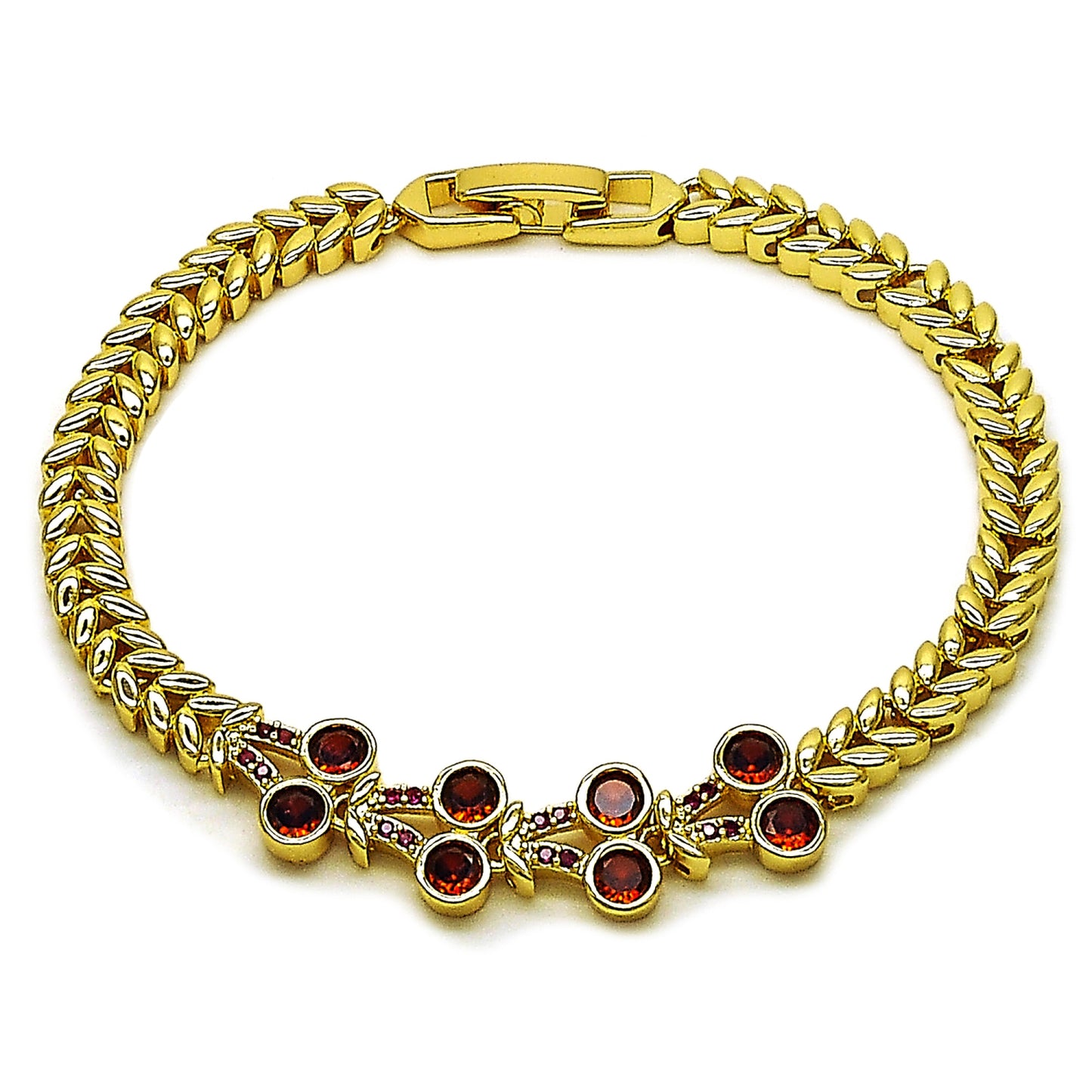 Gold Plated Gold Filled Oro Laminado Oro Laminado Fancy Bracelet, Gold Filled Style Cherry Design, with White Cubic Zirconia and Ruby Micro Pave, Polished, Golden