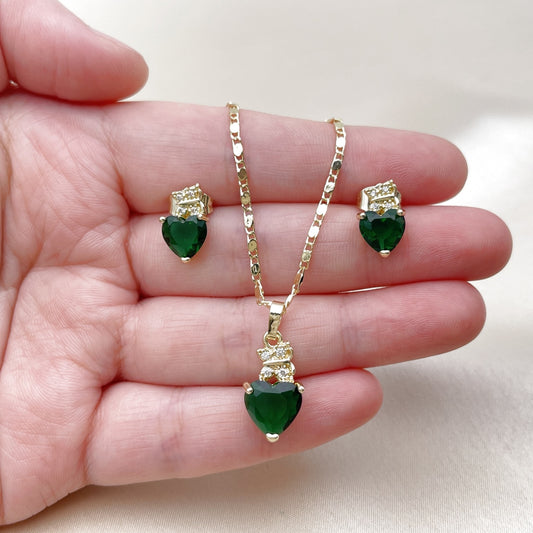 Oro Laminado Earring and Pendant Adult Set, Gold Filled Style Heart and Butterfly Design, with Green and White Cubic Zirconia, Polished, Golden