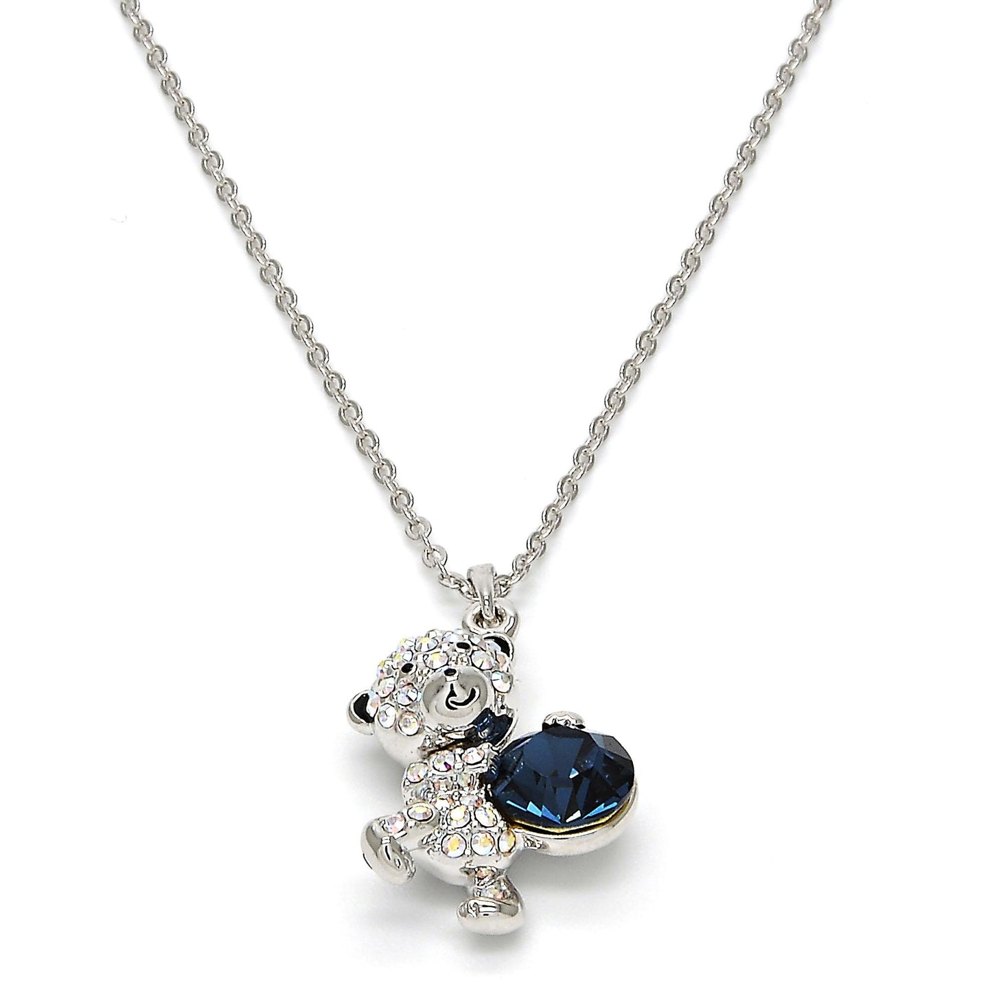 Rhodium Plated Pendant Necklace, Teddy Bear Design, with Montana and Aurore Boreale Swarovski Crystals, Black Enamel Finish