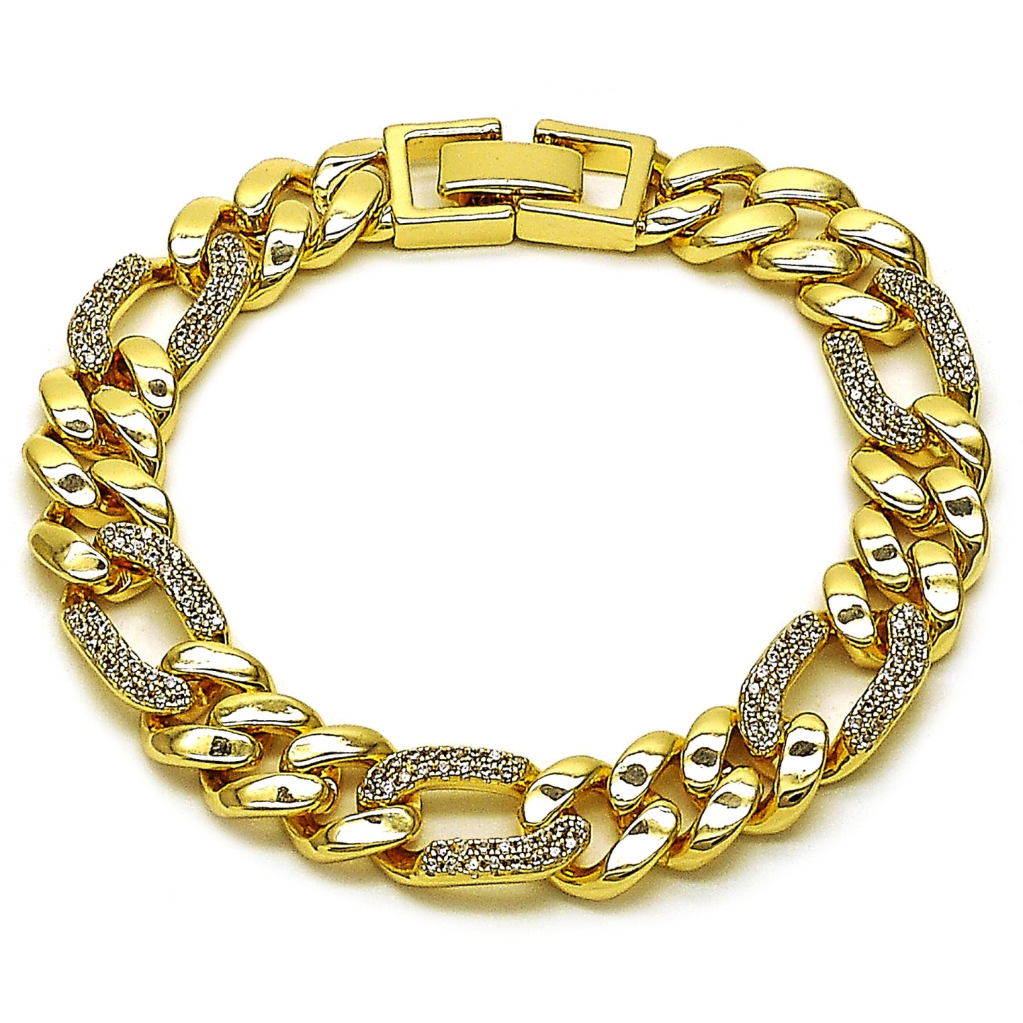 Oro Laminado Fancy Bracelet, Gold Filled Style Figaro Design, with White Cubic Zirconia, Polished, Golden Finish