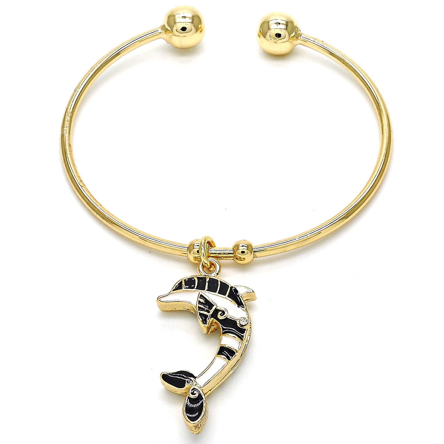 Gold Plated Gold Filled Oro Laminado Oro Laminado Individual Bangle, Gold Filled Style Dolphin Design, with White Crystal, Black Enamel