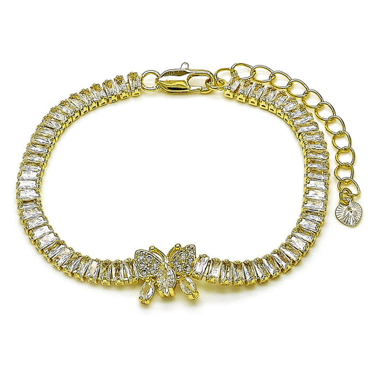 Gold Plated Gold Filled Oro Laminado Oro Laminado Fancy Bracelet, Gold Filled Style Butterfly and Baguette Design, with White Cubic Zirconia, Polished, Golden