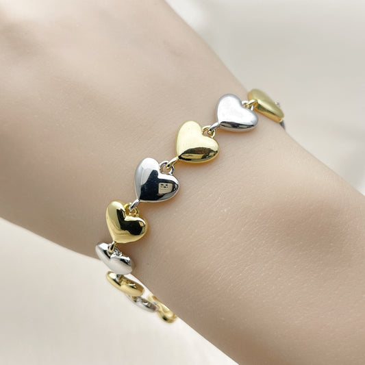 Oro Laminado Tennis Bracelet, Gold Filled Style Heart Design, Polished, Two Tone