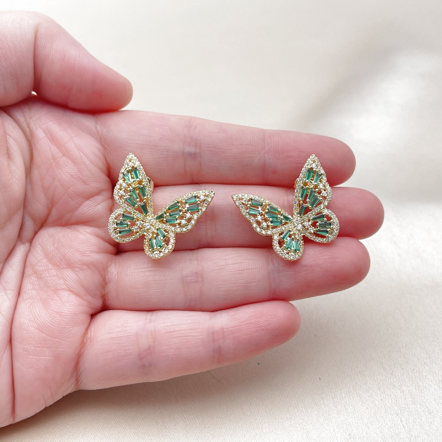 Oro Laminado Stud Earring, Gold Filled Style Butterfly and Baguette Design, with Green and White Cubic Zirconia, Polished, Golden