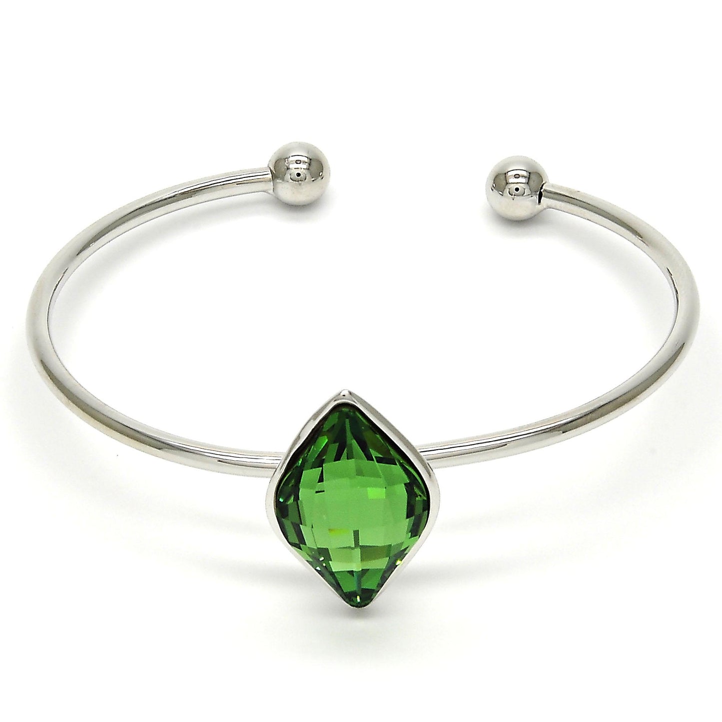Rhodium Plated Individual Bangle, with Fern Green Swarovski Crystals, Polished, Rhodium Finish
