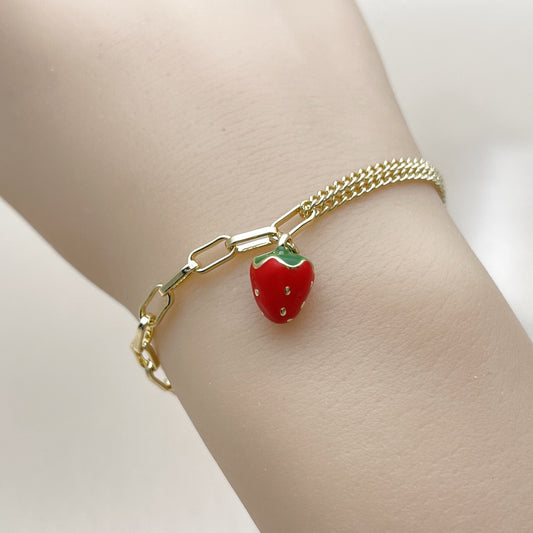 Oro Laminado Charm Bracelet, Gold Filled Style Strawberry and Paperclip Design, Red Enamel