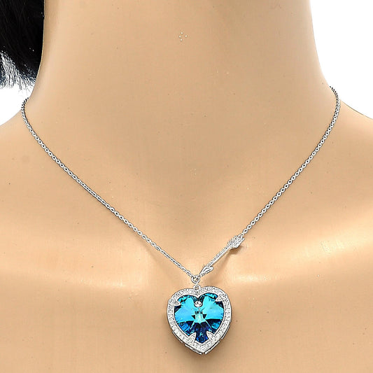 Rhodium Plated Pendant Necklace, Heart Design, with Bermuda Blue Swarovski Crystals and White Micro Pave, Polished, Rhodium