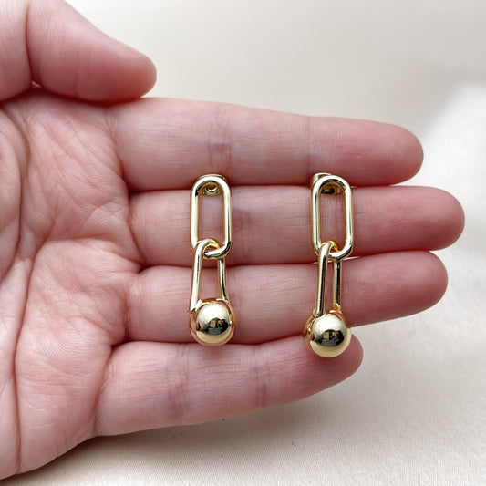 Oro Laminado Dangle Earring, Gold Filled Style Ball and Paperclip Design, Polished, Golden