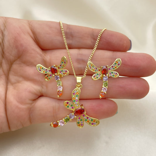 Oro Laminado Earring and Pendant Adult Set, Gold Filled Style Dragon-Fly Design, with Multicolor Cubic Zirconia, Polished, Golden Finish