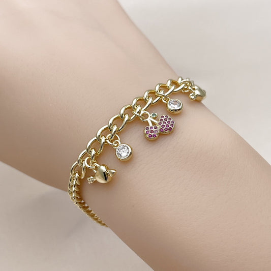 Oro Laminado Charm Bracelet, Gold Filled Style Cherry and Heart Design, with White Cubic Zirconia and Ruby Micro Pave, Polished, Golden