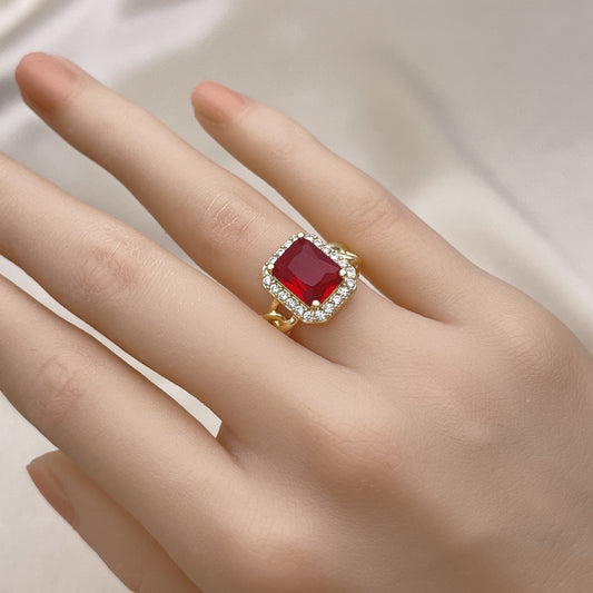 Oro Laminado Multi Stone Ring, Gold Filled Style Curb Design, with Garnet Cubic Zirconia and White Micro Pave, Polished, Golden Finish