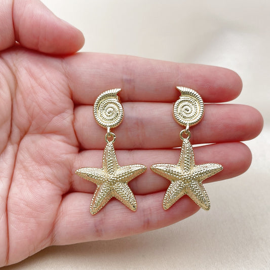 Oro Laminado Dangle Earring, Gold Filled Style Snail and Star Design, Matte