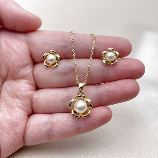 Oro Laminado Earring and Pendant Adult Set, Gold Filled Style Flower and Ball Design, with Ivory Pearl, Polished, Golden