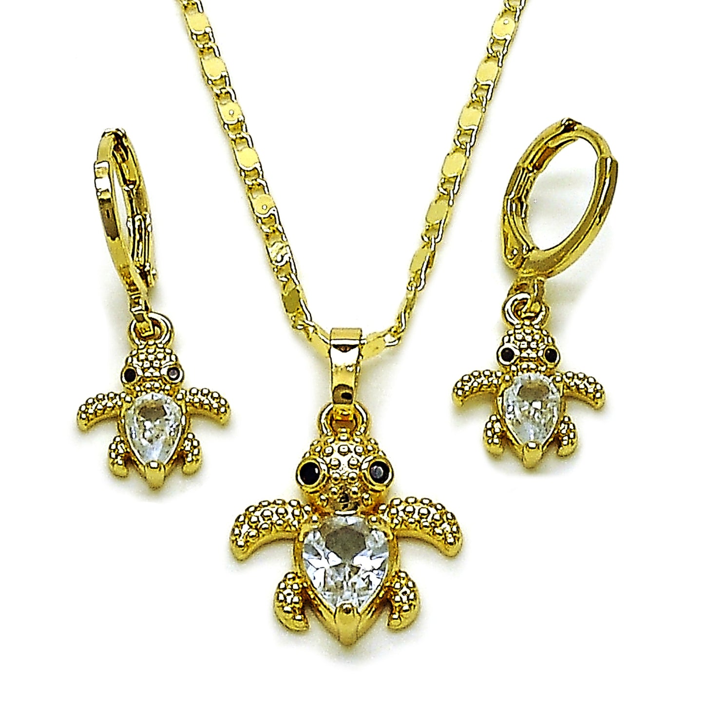 Gold Plated Gold Filled Oro Laminado Oro Laminado Earring and Pendant Adult Set, Gold Filled Style Turtle Design, with White and Black Cubic Zirconia, Polished, Golden