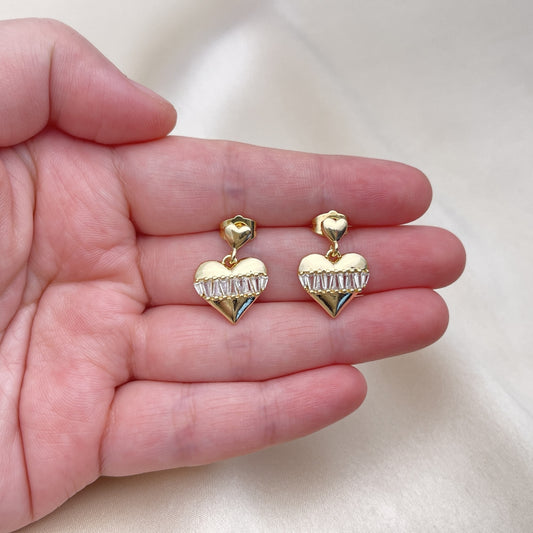 Oro Laminado Dangle Earring, Gold Filled Style Heart and Baguette Design, with White Cubic Zirconia, Polished, Golden