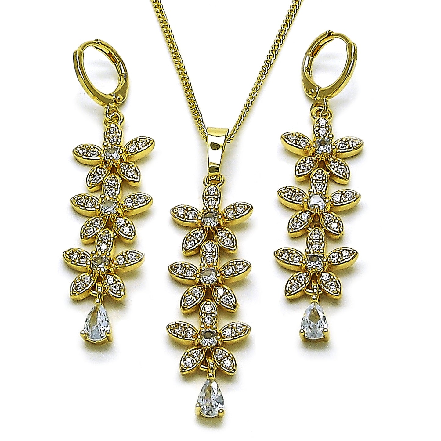 Gold Plated Gold Filled Oro Laminado Oro Laminado Earring and Pendant Adult Set, Gold Filled Style Flower and Teardrop Design, with White Cubic Zirconia, Polished, Golden