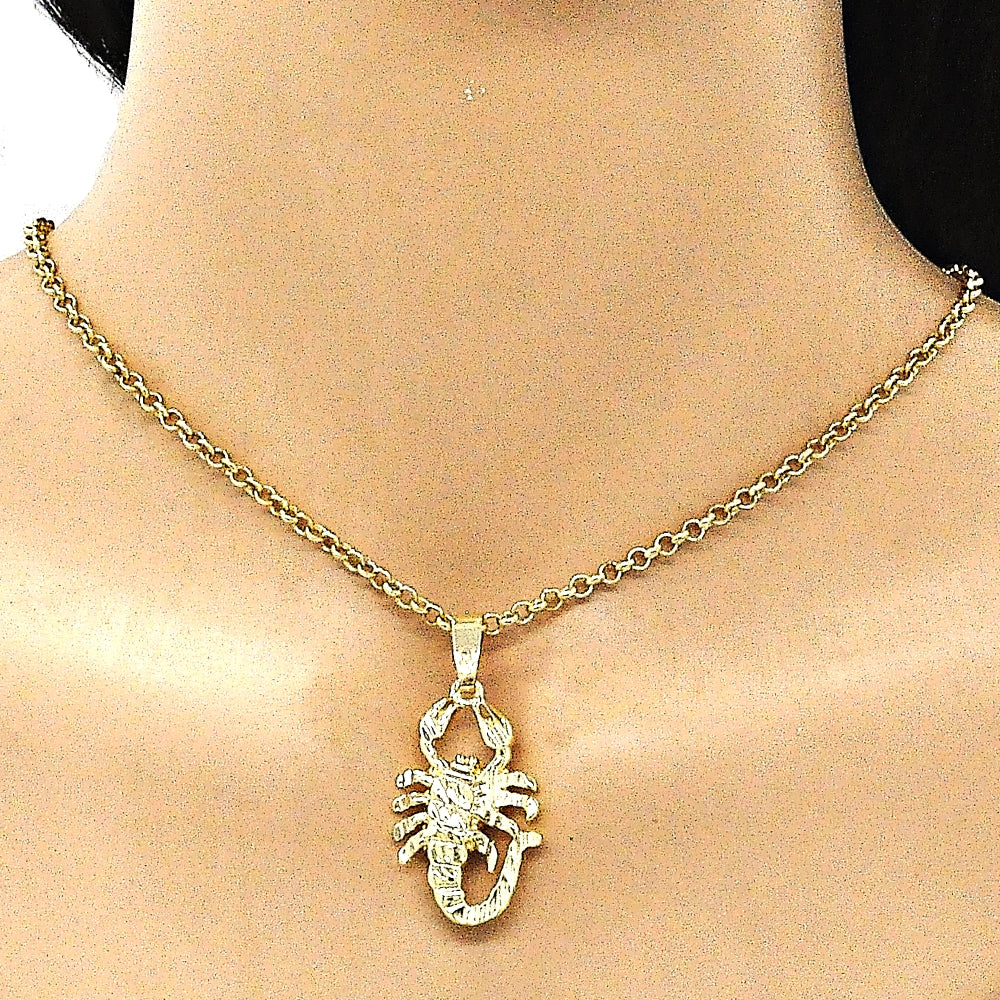 Oro Laminado Fancy Pendant, Gold Filled Style Scorpion Design, Diamond Cutting Finish, Golden Finish