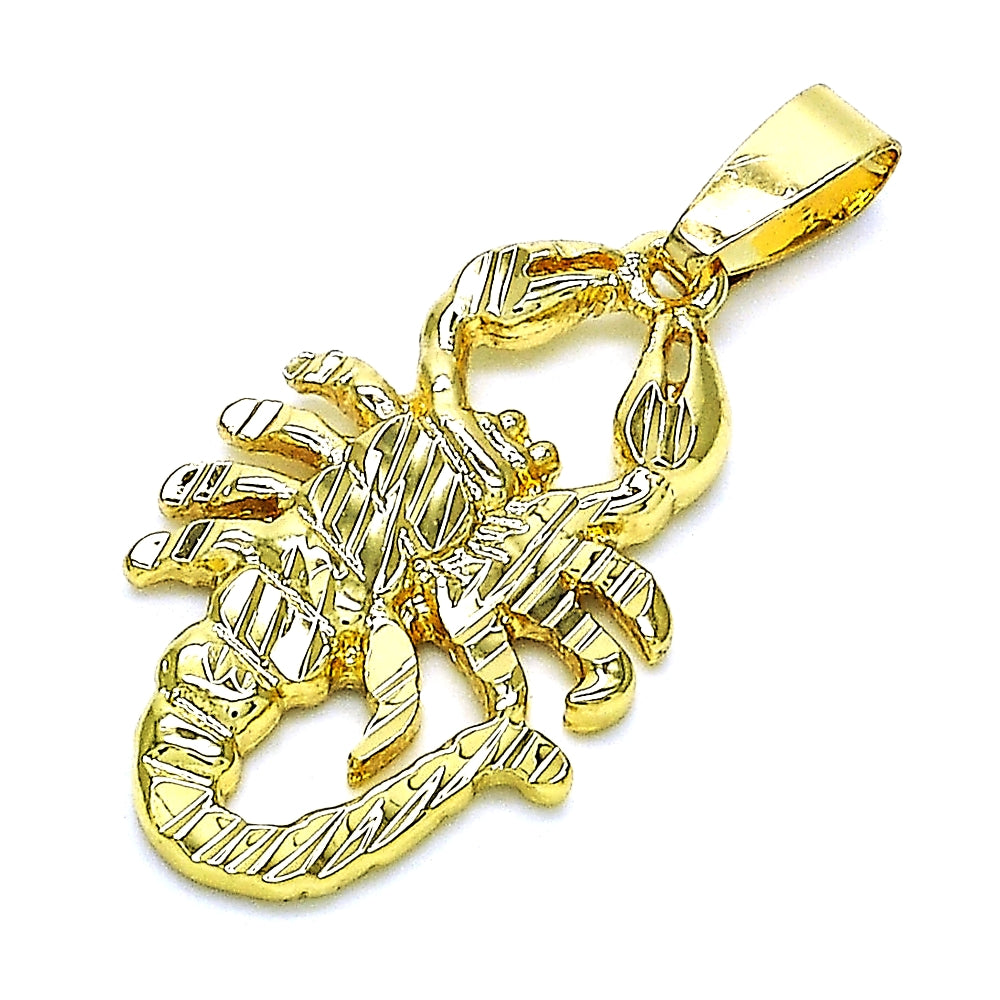 Oro Laminado Fancy Pendant, Gold Filled Style Scorpion Design, Diamond Cutting Finish, Golden Finish