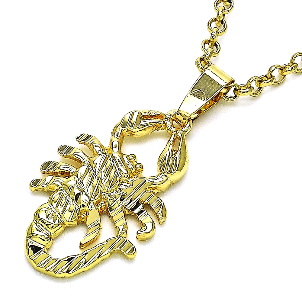 Oro Laminado Fancy Pendant, Gold Filled Style Scorpion Design, Diamond Cutting Finish, Golden Finish